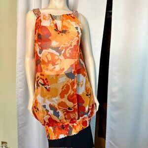 La Moda Hindu Boho Top Floral Embellished  Orange White sheer Top